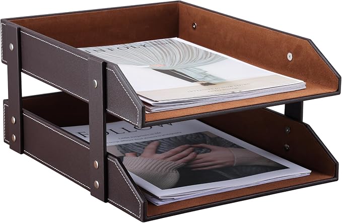Letter Tray, Leather Paper Organizer Tray, Wooden Desk File Holder, Desktop File, Stackable Magazine Holder, Mail Sorter, Great for Home or Office - 2 Level Brown