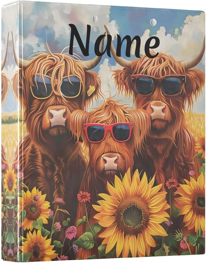 Custom 3 Ring Binder Highland Cows Sunflowers 1.5" Round Ring Binders Personalized Name View Binder with 200 Sheet for Women Men Office Kids School Supplies, 1 Pack
