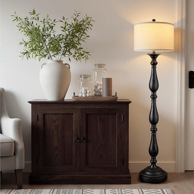 Vintage Floor Lamp for Living Room, Rustic Farmhouse Standing Lamp with Rotary Switch and Linen Shade, Retro Resin Floor Lamp for Bedroom, Corner, Dining Room, House Decor, Black