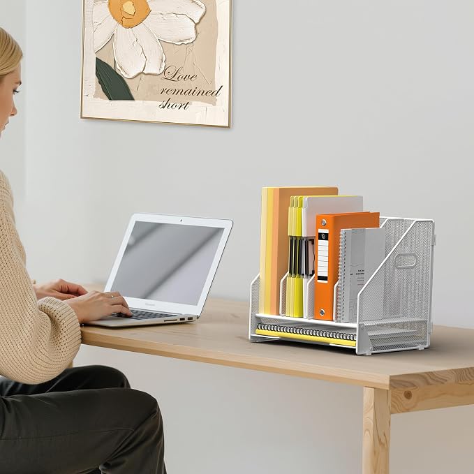 Docnest Mesh Desk File Organizer, 4 Vertical Compartment Box Sorter, White | Features 3 removable middle dividers for custom spacing and a bottom letter tray to hold paper, mail, and documents