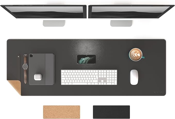RENMTURE Dual-Sided Mouse Pad, Natural Cork & PU Leather Large Desk Pad for Office and Home Work, Desk Protector Non-Slip, Waterproof, Easy Clean (Black,47"x17")