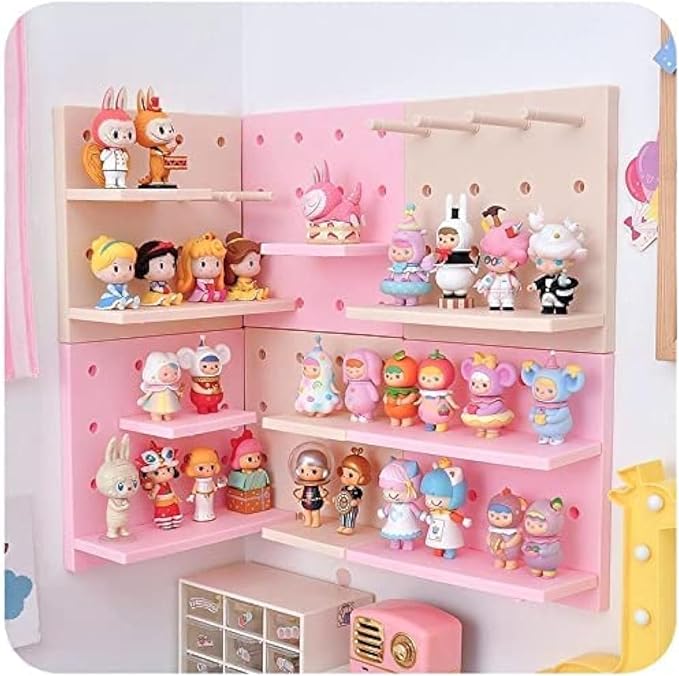 Kawaii Peg Board with Hook, Trinket Shelf for Bedroom, Cute Display Decor | 4 Pack Pegboard Ledges Organizer for Hanging Keychains, Decorative Wall Panel Kits for Blindboxes Lightweight Dolls, Pink