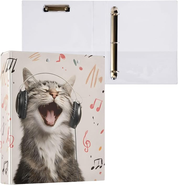 ALAZA 3 Ring Binder Music Notes Cat Clipboard Round Ring Binder Holds 1.5 Inch Three Binders Heavy Duty Binders for Office Supplies, 1Pack