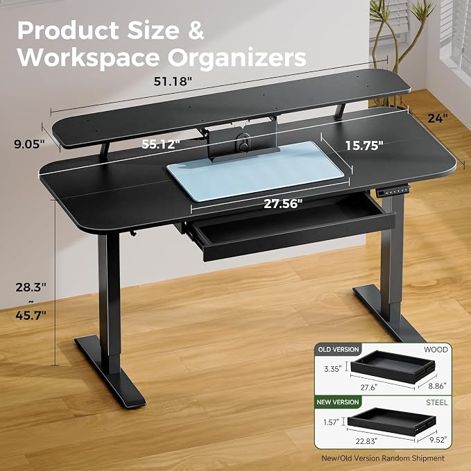 COMHOMA Electric Standing Desk with Drawers, 55 x 24 Inch Sit Stand up Desk with Monitor Stand, Laptop Stand, Height Adjustable Home Office Computer Desks with Memory Preset Controller (Black)