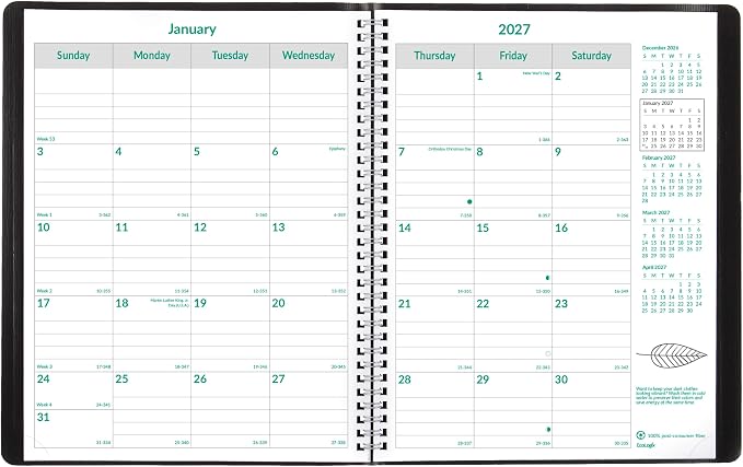 Brownline® 2027 EcoLogix® Monthly Planner, 14 Months, December 2026 to January 2028, Twin-Wire Binding, 11" x 8.5", Black (CB435W.BLK)