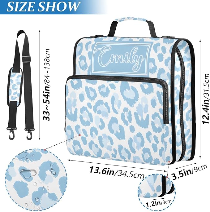 Custom Personalized Name Light Blue Leopard Print Zipper Binder 3 Ring