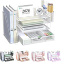 WALI Desk File Organizer, 4 Tier Desktop Paper Letter Tray Organizer with Drawer and 2 Pen Holders, Office Desk Accessories & Workspace Organizers for Office, Home Supplies(DO005DH-W), 1 Pack, White