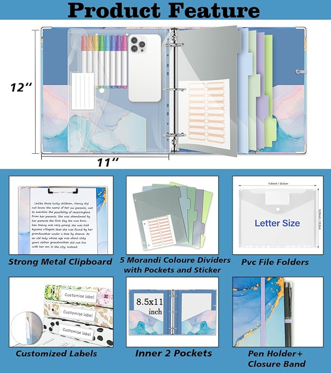 2 Inch 3 Ring Binder Organizer with Clipboard, 5-Tab Pockets Dividers, Transparent Folder, 18 Divider Stikers, BVSSX Decorative Three Ring Binder with Pen Loop, Elastic Strap (Blue Marble,Letter Size)