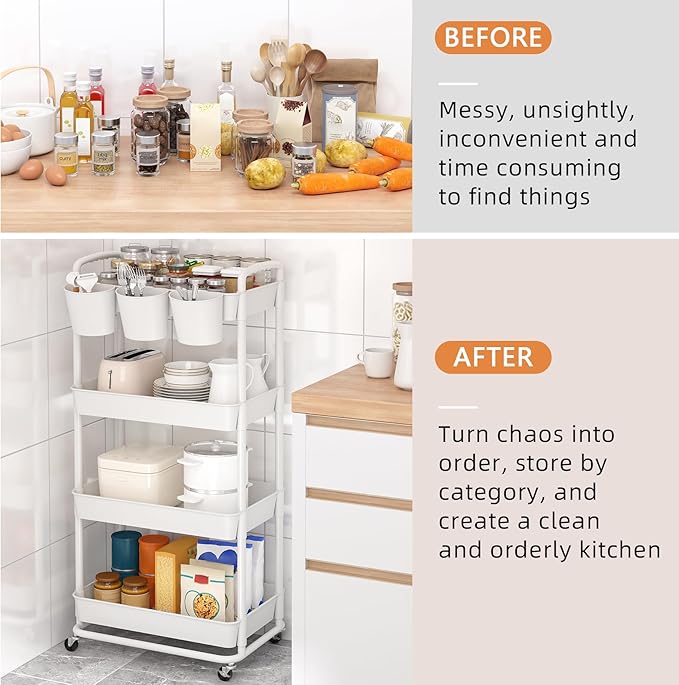 JIUYOTREE 4-Tier Plastic Rolling Storage Cart Utility Cart with Extra Hanging Cups Handles Lockable Wheels for Living Room Bathroom Kitchen Office White