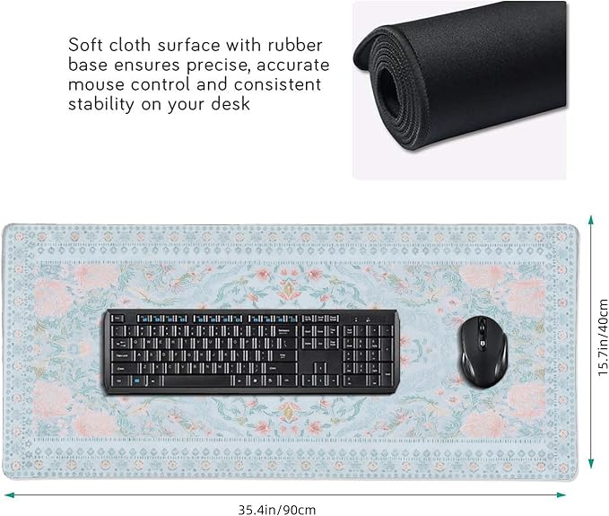 Giant Floral Desk Pad, Blue XXL Long Mouse Mat with Anti-Slip & Stitched Edge, Cute Office Decor for Women, Home Computer Workstation
