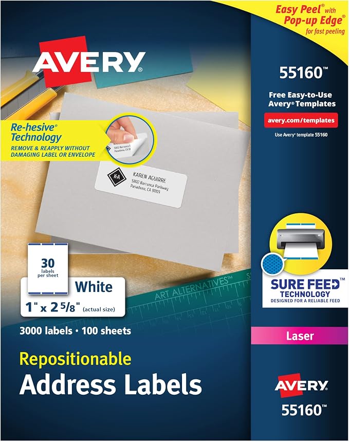 Avery® Repositionable Printable Address Labels, Sure Feed® Technology, 1" x 2-5/8", White, 3,000 Blank Mailing Labels (55160)