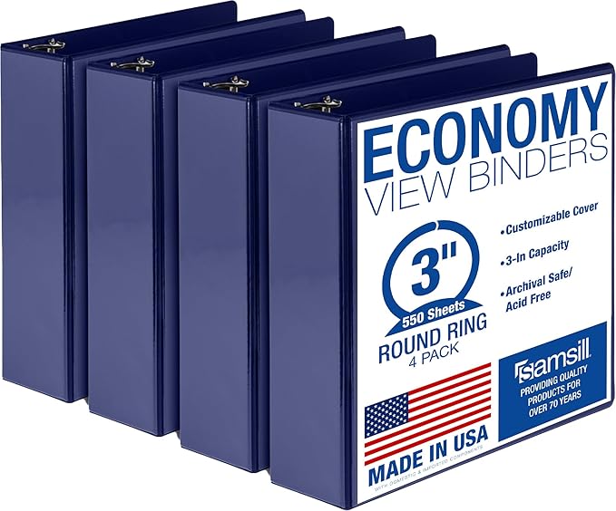 Samsill 3 Inch 3 Ring Binders, Economy Round Ring, Clear View Cover, 550 Sheet Capacity - for School, Home, Office - Blue, 4 Pack