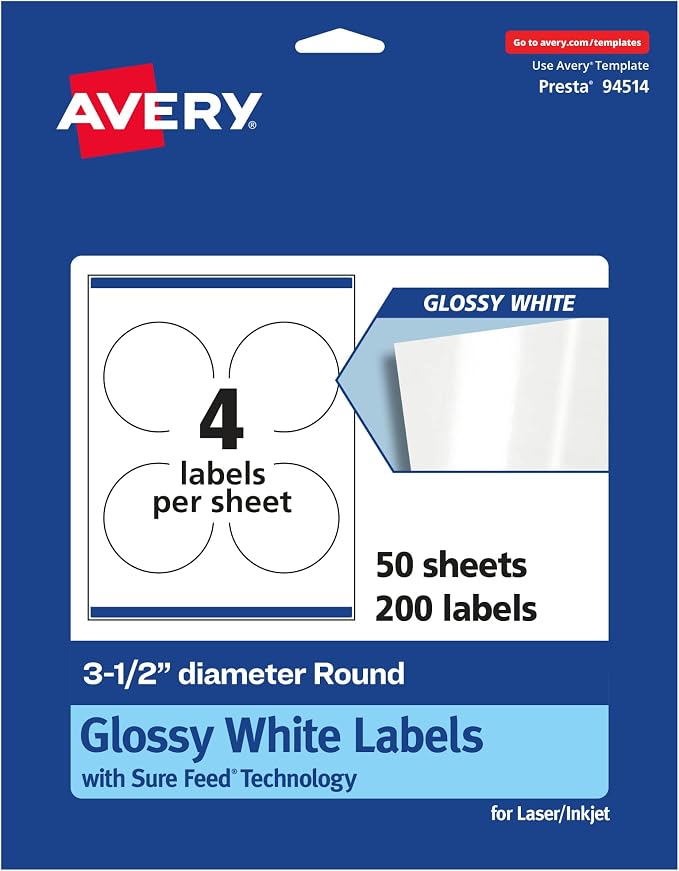 Avery® Glossy White Round Labels, Sure Feed® Technology, 3.5" Diameter, 200 Glossy White Labels, Print-to-The-Edge, Permanent Adhesive, Laser/Inkjet Printable