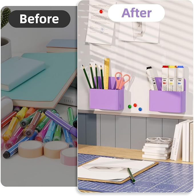 Mabrasse 2p Magnetic Dry Erase Marker Holder,Pen and Eraser Holder for Whiteboard, Magnet Pencil Cup Utility Storage Organizer for Office, Refrigerator, Locker and Metal Cabinets（Purple)