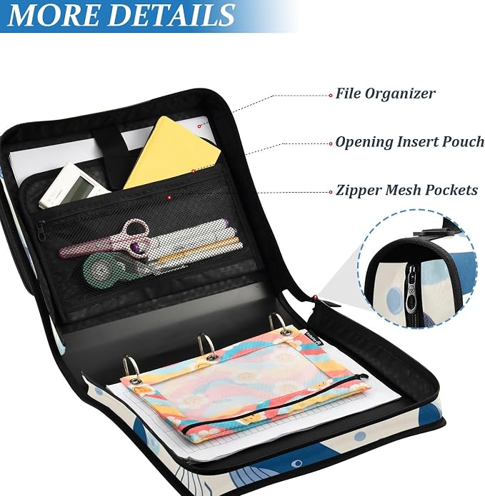 3 Ring Zipper Binder with Shoulder Strap Whales Jellyfish Blue Ocean 2 Inch Zippered Binder Bag 500 Sheet Capacity Multi Pockets for School Supplies