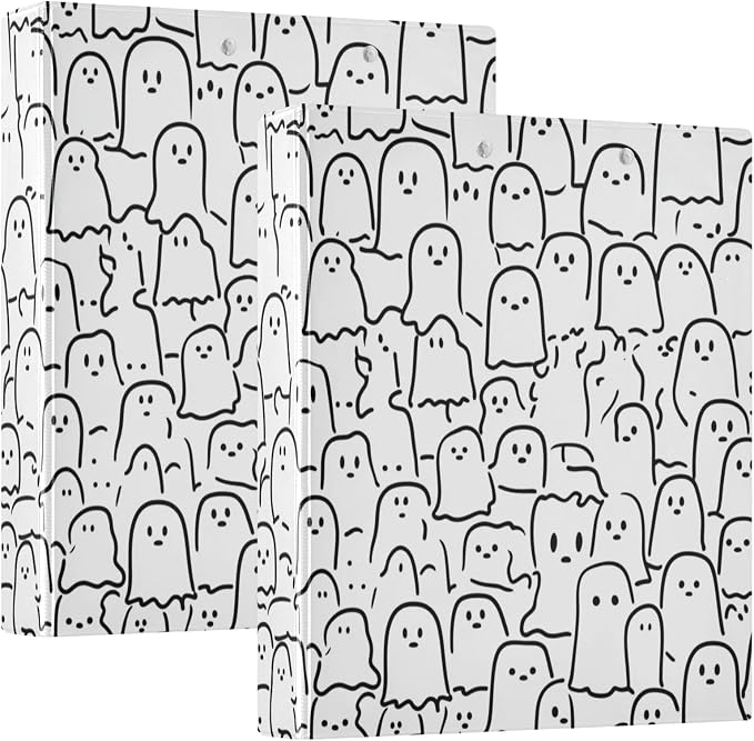 Cute Ghost Binder 1.5 Inch Binder with Clipboard&Pockets, Black White Funny Ghosts Hardcover Binders 3 Ring, Heavy Duty Large File Folder for Office School Supplies - Holds 200 Sheets, 2 PC