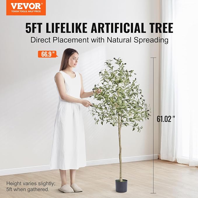 VEVOR Artificial Olive Tree, 5 FT Tall Faux Plant, Secure PE Material & Anti-Tip Tilt Protection Low-Maintenance Plant, Lifelike Green Fake Potted Tree for Home Office Warehouse Decor Indoor Outdoor