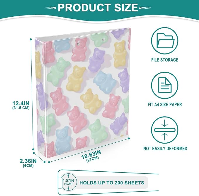 Cute Pastel Gummy Bears Round Ring Binders 1.5 Inch 3 Ring Binder with Clipboard Holds 200 Sheets Office Home School