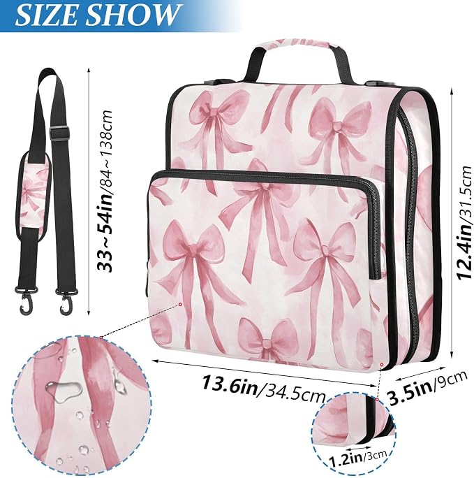 Watercolor Pink Bow Zipper Binder 3 Ring Binder with Shoulder Strap 500 Sheet Capacity Storage Organizer File Folder