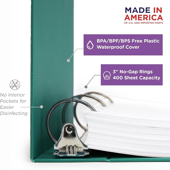 Carstens 3-Inch Heavy Duty 3-Ring Binder - Side Opening, Teal, Durable Plastic, Precision No-Gap Rings, Waterproof Cover, No Pockets, Holds 400 US Letter Sheets, BPA-Free, Made in USA (1710-3R)