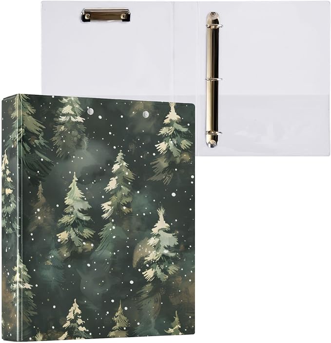 3 Ring Binder Winter Green Christmas Tree 1.5 inch Binders Three Ring Binders with Clipboard Fit 8.5'' x 11'' Paper 3 Interior PVC Clear Pockets for Office Supplies