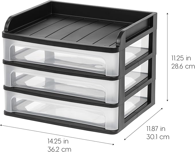 IRIS USA 3-Drawer Medium Desktop Organizer with Paper Tray, Black