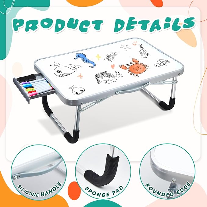 Suzile 1 Pc Portable Lap Desk with Dry Erase Board, 24" x 16" Foldable Study Tray with Drawer, Markers & Eraser, Whiteboard for Art, Homework, First Day & Back to School Supplies