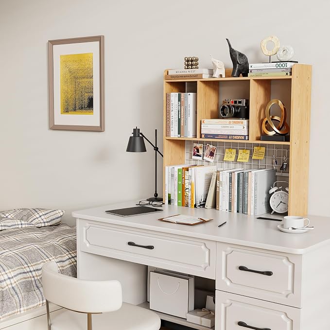 Desktop Bookshelf,Countertop Storage Hutch with 3 Shelves for Computer Desk，2-Tier Display Rack with Grid Panel, Multipurpose Wood Desk Hutch Storage Organizer for Home Office Dorm (Natural)