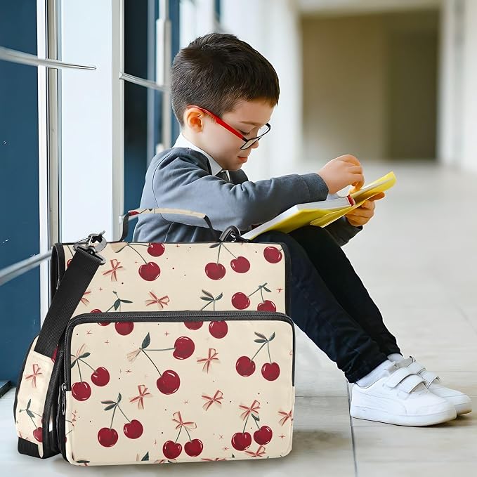 Retro Bow Cherry 3 Ring Binder Bag 1.5 inch Binder Organizer with Zipper Shoulder Strap 500 Sheet Documents Storage for School Office