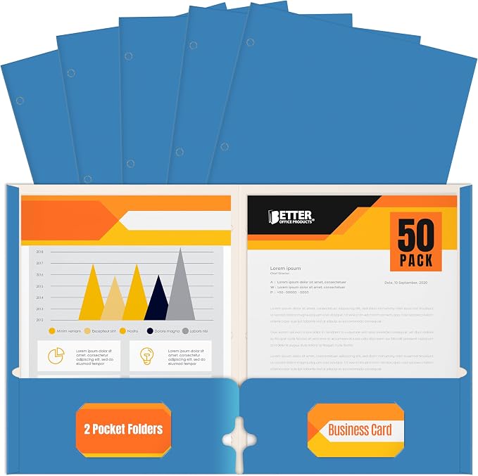 Better Office Products Blue Folders, 50 Pack Letter Size Two Pocket Folders, Folders with Pockets, Durable Paper Portfolio Folders for School Classroom Office Organization, Light Blue
