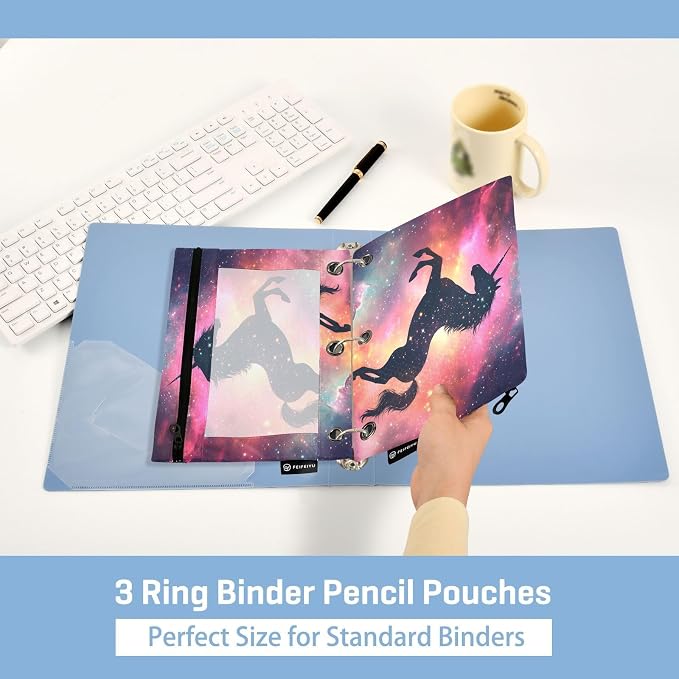Unicorn Galaxy Sky Pencil Pouch for 3 Ring Binder, 2 Pack Waterproof Pencil Bags Clear Window Pencil Case Zipper School Office Supplies