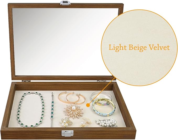 MOOCA Jewelry Display Case, Display Case Accessories Storage Box with Tempered Glass Hinge Lid, Jewelry Tray for Collectibles, Walnut Color, 14.1W x 10.2D x 2.1H in