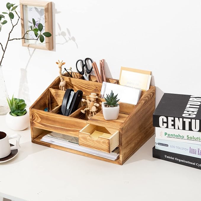 Wood Desk Drawer Organizers with File Organizer Pen holder Decor combo for Desk Organization, Office Desks, Home can arrange calculators, scissors, pens, note papers, etc. (Baked color)