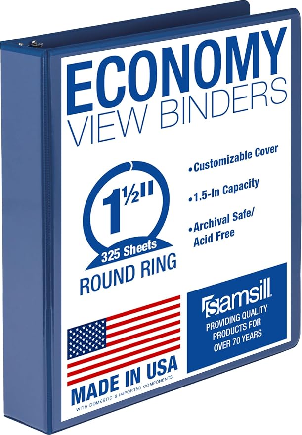 Samsill Economy 1.5 Inch 3 Ring Binder Round Ring Binder, Non-Stick Customizable Cover, Dark Blue (18502)