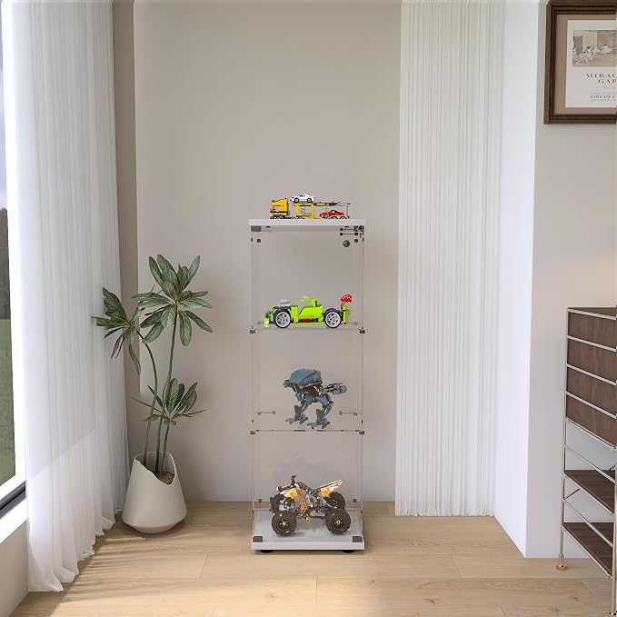 Frameless Glass Display Cabinet, Curio Cabinet Display Case with Lock and Glass Door, Quick-Install Floor Standing Small Showcase Display Shelf for Collectibles, Legos, Figures, Plants