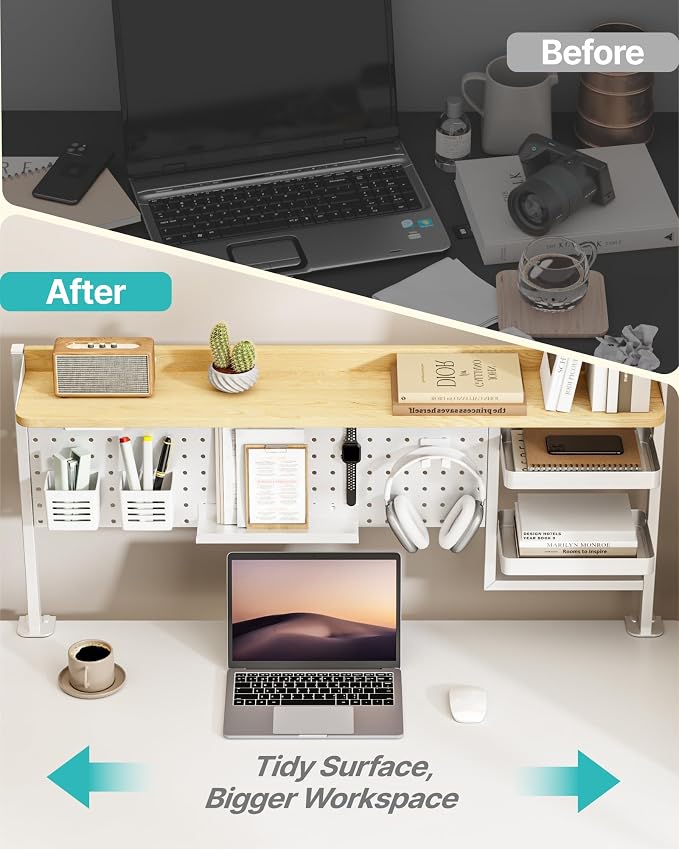 Clamp on Desk Shelf, 44" Desktop Shelving System, White | with Pegboard and Accessories, Desktop Organizer with 2-Tier Shelf, Desk Pegboard for Gaming Office