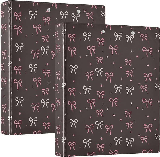Pink Bow Knot Ribbon Cute Round Ring Binders 1.5 Inch Black White Polka Dot 3 Ring Clipboard Binder for Office School Work Supplies File Folder Document 200 Sheet Capacity Easy Open 2 Pieces