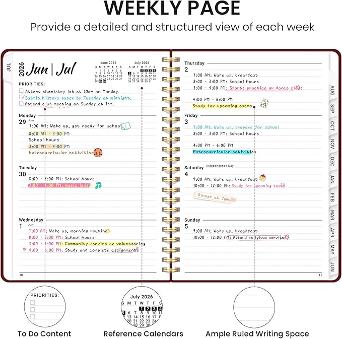 Taja Planner 2026-2027, Jul 2026-Jun 2027 Monthly & Weekly Calendar Book | 6.3" x 8.5", Hardcover Academic Calendar with Tabs, Teacher Student Agenda Book for School Office Supplies - Burgundy