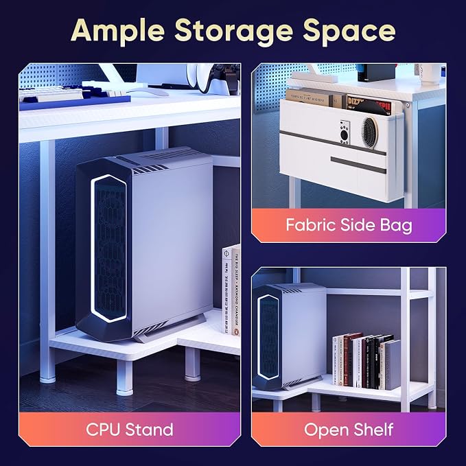 DUMOS L Shaped Gaming Desk, 48" Computer Desks with Storage Shelves | Coner Desk with USB Charging Ports, Power Outlets, LED Lights and Monitor Stand for Home Office, White