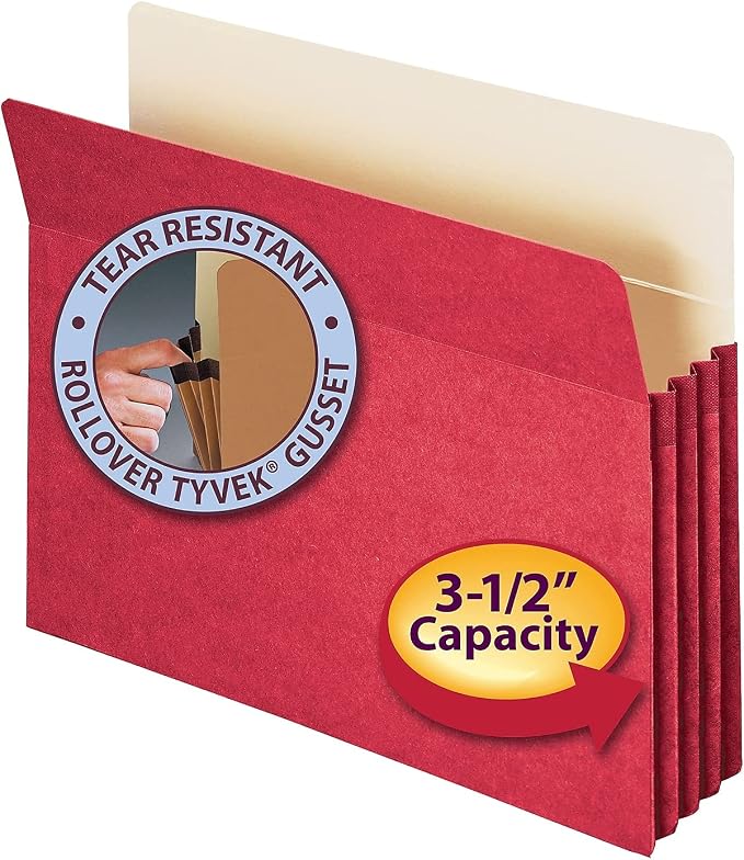 Smead File Pocket, Straight-Cut Tab, 3-1/2" Expansion, Letter Size, Red, 25 per Box (73231)