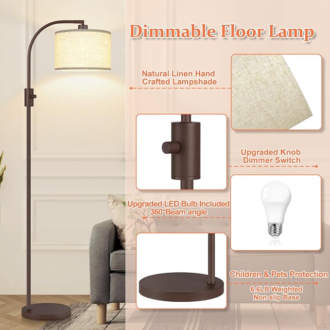 Nintiue Upgraded Modern Arc Dimmable Tall Standing Floor Lamp with Linen Shade, 1200 Lumens LED Bulb Included, for Living & Reading Room, Bedroom, Office & Nursery, Matte Brown