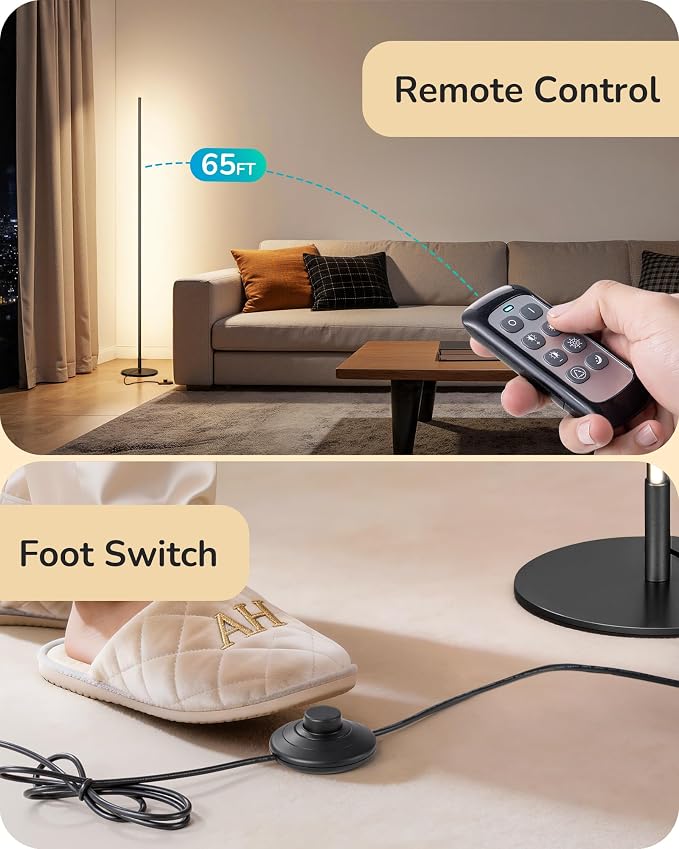 EDISHINE 57.5" Floor Lamp with Remote & Foot Switch, Dimmable & 7CCT | 2700-6000K, LED Corner Floor Lamps for Living Room, Bedroom, Office, Sturdy Base, Black