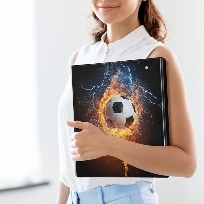 Fire and Lighting Soccer Ball Binder 3 Ring 1.5 Inch Binder with Clipboard&Pockets, Football Hardcover Binders Heavy Duty Large File Folder for Office School Supplies - Holds 200 Sheets, 2 PC