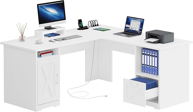 YITAHOME L Shaped Desk with Power Outlets | Computer Desk Corner Desk with File Drawer, Home Office Desk with Monitor Stand & Storage Shelves