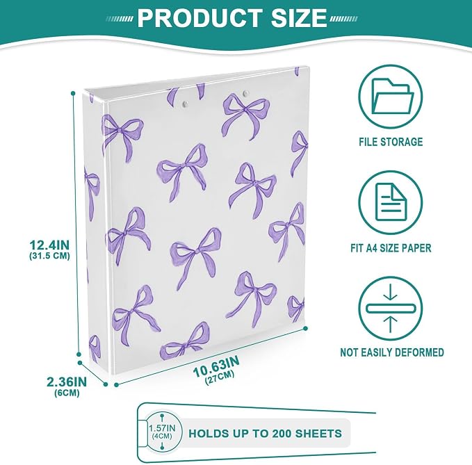 Purple Bow Round Ring Binders 1.5 Inch 3 Ring Binder with Clipboard Holds 200 Sheets Office Home School