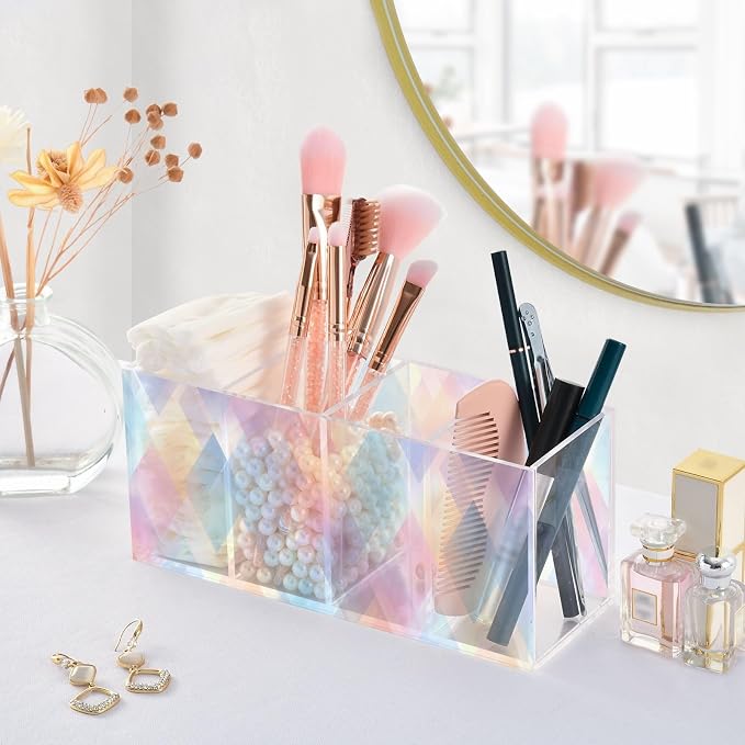 Neon Color Graphics Acrylic Pencil Pen Holder Desk Accessories Holder, Cosmetic Brush Organizer Modern Design Desktop Stationery Organizer for Office School and Home 7.87 x 2.48 x 3.54 In