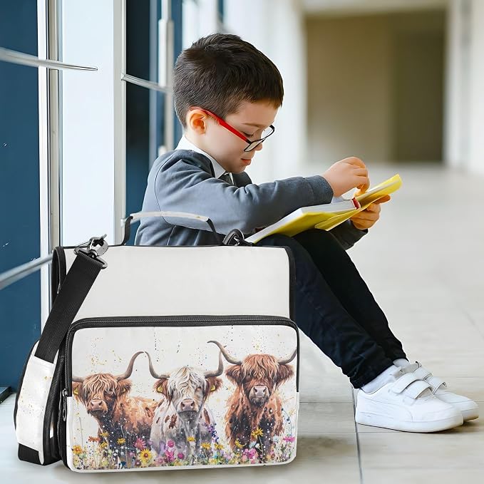 Watercolor Highland Cows Flowers Zipper Binder with Shoulder Strap Bag 3 Ring Binder Organizer Large Capacity Multiple Compartments for School Office
