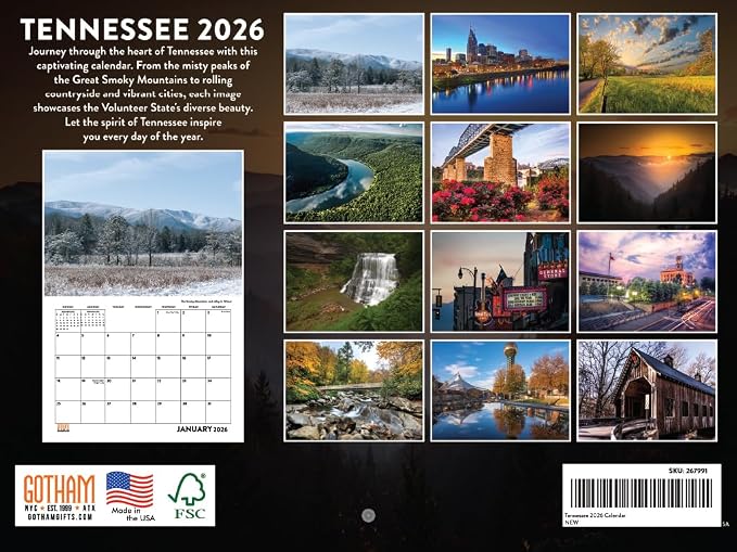 Tennessee Calendar 2026 Wall 12 Month Monthly TN Scenic Souvenirs Tennessean Themed Gifts | American Made In The USA
