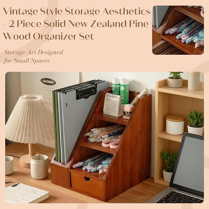 Vintage Wooden Desk Organizer Set of 2 - Wood Desktop File Holder & Shelf with Drawer - Rustic Office Storage for Books, Folders, Mail & Supplies - Matching Organizer for Home Office Desk