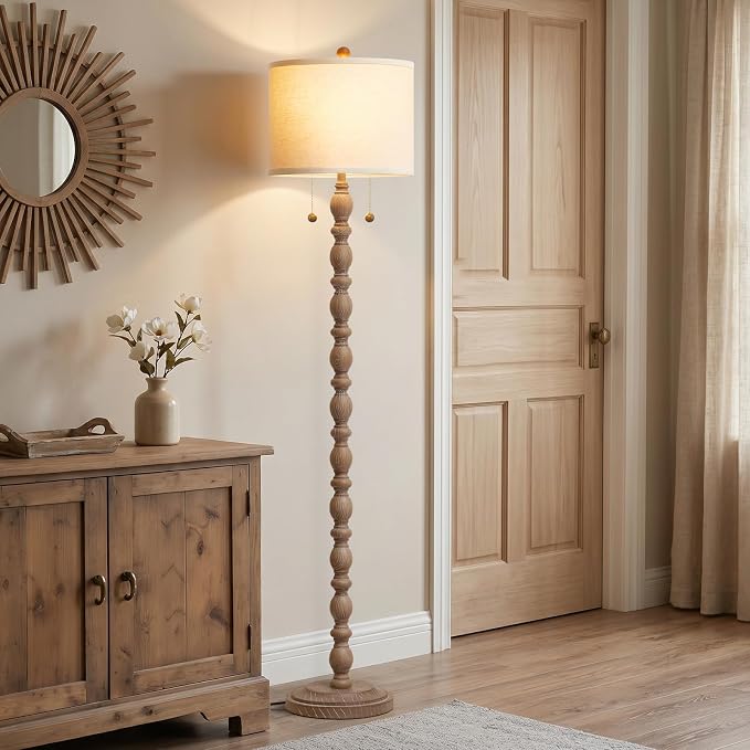 Luvkczc Farmhouse Floor Lamp for Living Room Bedroom, 62" Tall Standing Lamp with Dual Pull Chains, Vintage Resin Floor Lamp with 9W LED Bulb, Easy Assembly